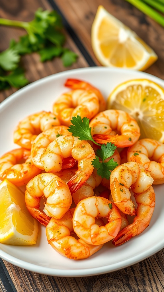 A plated dish of crispy air fryer garlic shrimp, garnished with parsley and served with lemon.